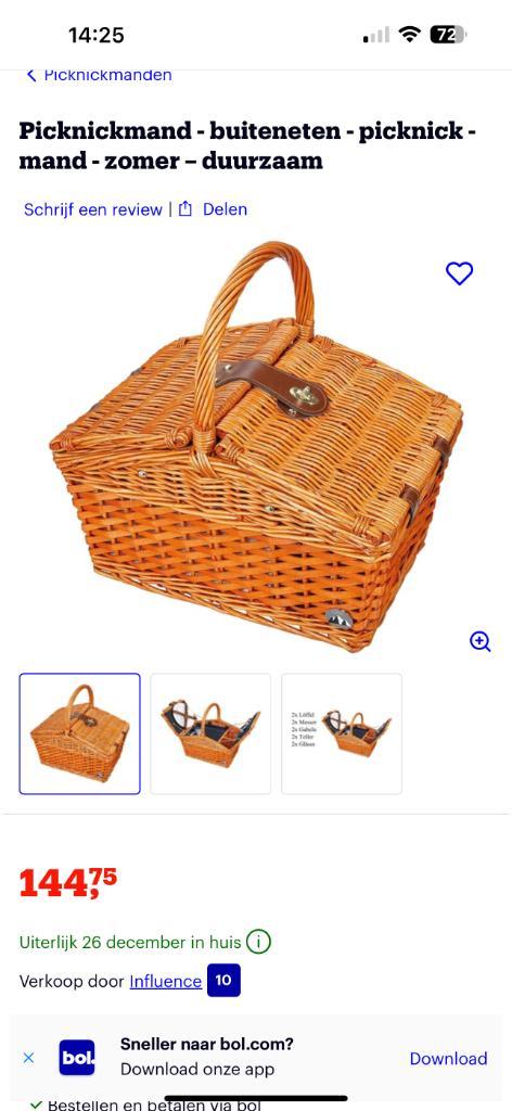 Picknickmand - buiteneten - picknick - mand - zomer – duurza, Antiek en Kunst, Antiek | Servies compleet, Ophalen