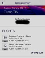 Vliegticket Brussel 30 aug <> Tirana 12 Sep 2025, Twee personen, Vliegtuig, Met bestemming of datum