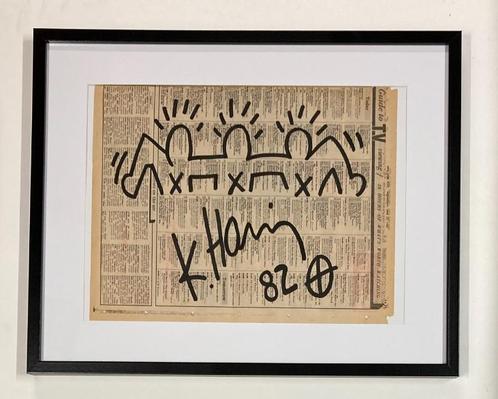 Tekening naar Keith Haring op krantenpapier uit 1982, Antiek en Kunst, Kunst | Designobjecten, Ophalen of Verzenden