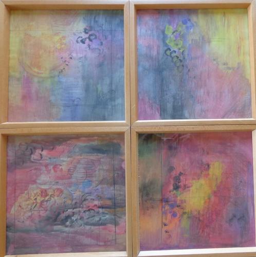 ONLEESBAAR / LOT 4 STUKS / OLIEVERF PAPIER / 32x32cm / KADER, Antiek en Kunst, Kunst | Schilderijen | Modern, Ophalen of Verzenden