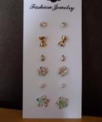 Set 6 paar oorbellen zilver goud strass bloem parel strik, Ophalen of Verzenden, Goud, Goud