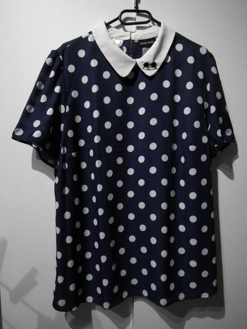 Blauwe blouse met witte stippen en broche „Brillen” (48/50), Kleding | Dames, Blouses en Tunieken, Gedragen, Maat 46/48 (XL) of groter