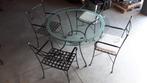 metalen glazen tafel 125 cm met 4 stoelen, Ophalen, Gebruikt, Rond, Glas