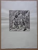 ONLEESBAAR / FIGURATIE / ZW-W HOUTSNEDE / 65x50cm / SIG, Antiek en Kunst, Kunst | Litho's en Zeefdrukken, Ophalen of Verzenden