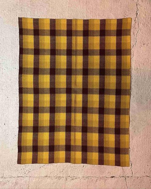 Retro grand foulard woonkleed wafelstof geel bruin 192/144, Huis en Inrichting, Woonaccessoires | Plaids en Woondekens, Ophalen of Verzenden