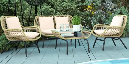 4-persoons Loungeset – Exotische Stijl met Rieten Look & Bei, Tuin en Terras, Tuinsets en Loungesets, Nieuw, Loungeset, Overige materialen