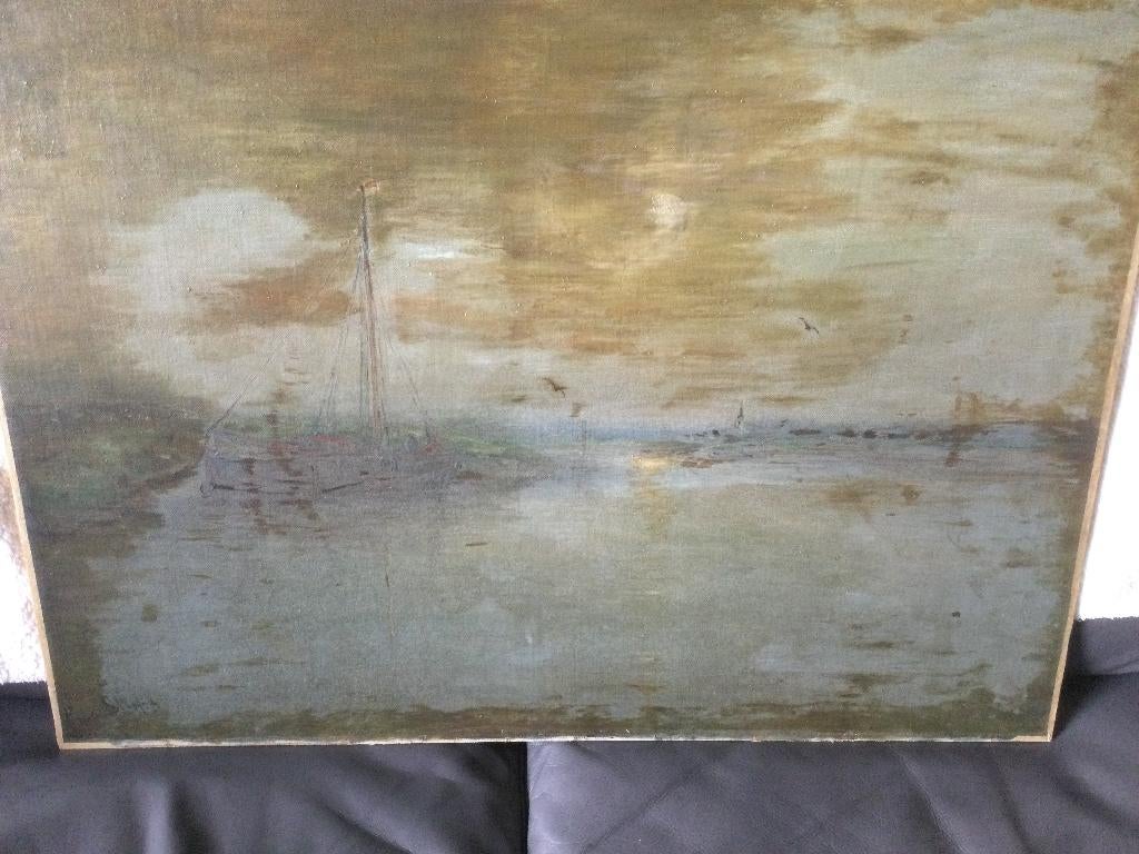 Oude olieverf schilderij. Romai.Steppen 1859-1927 .Zeezicht., Ophalen of Verzenden