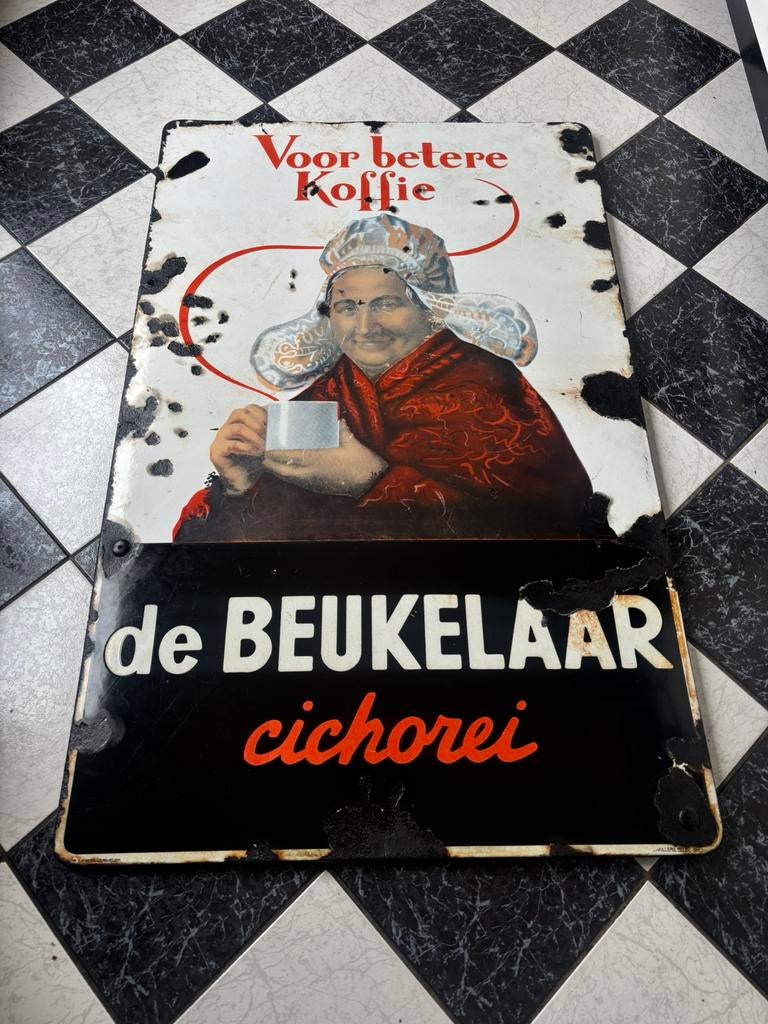 Emaille Reclamebord van De Beukelaar Cichorei, Ophalen, Gebruikt, Reclamebord