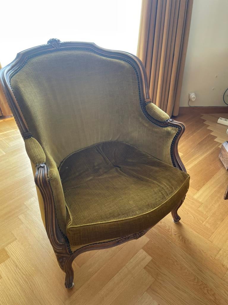 Antieke Louis XV stijl fauteuil in groen velours, Ophalen