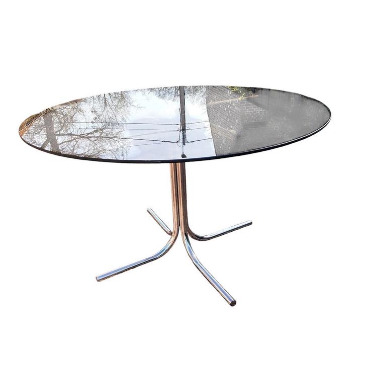 Vintage eettafel fumé glas met chrome poot, Huis en Inrichting, Tafels | Eettafels, Glas, Ophalen of Verzenden