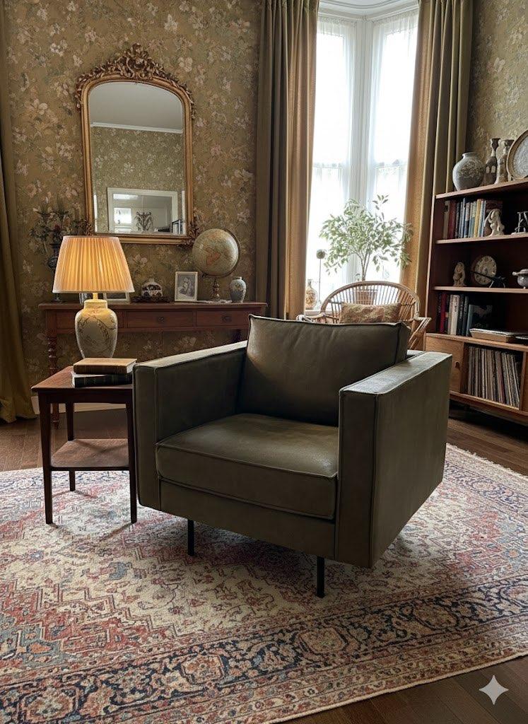 Fauteuil Woood/Bepure Olijfgroen Ecoleer in zeer goede staat, Huis en Inrichting, Fauteuils, Zo goed als nieuw, Leer, Metaal, 75 tot 100 cm