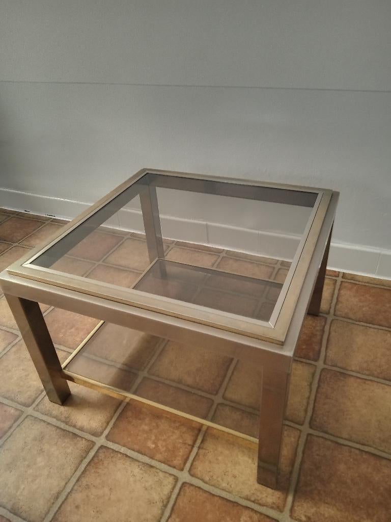 Chroom fumé glas verguld   Hollywood Regency   SALONTAFELTJE, Maison & Meubles, Tables | Tables d'appoint, Carré, Moins de 45 cm