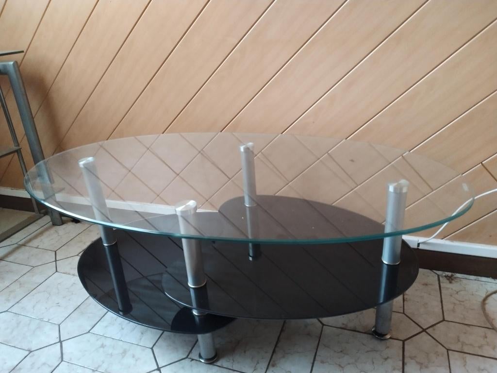 afhalen te 9300 Aalst - glazen salontafel, Ophalen, 100 tot 150 cm, Minder dan 50 cm, Ovaal