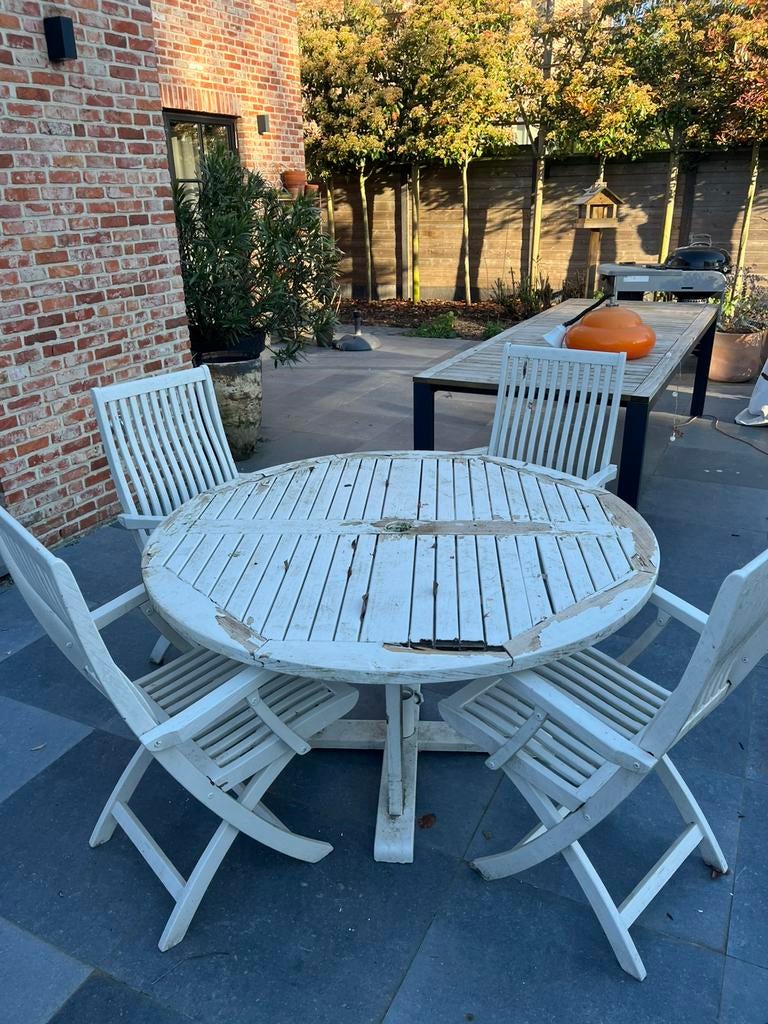 Ronde teaken tafel met stoelen, Ophalen, Zo goed als nieuw, Hout