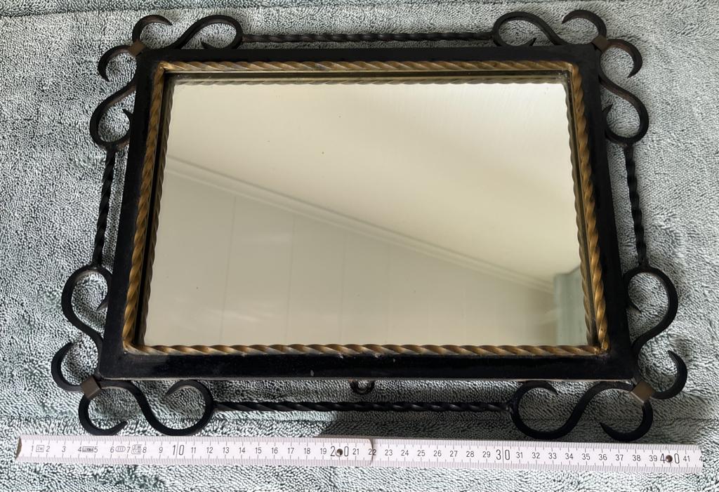 Vintage Franse smeedijzeren spiegel., Ophalen of Verzenden, Gebruikt, Rechthoekig