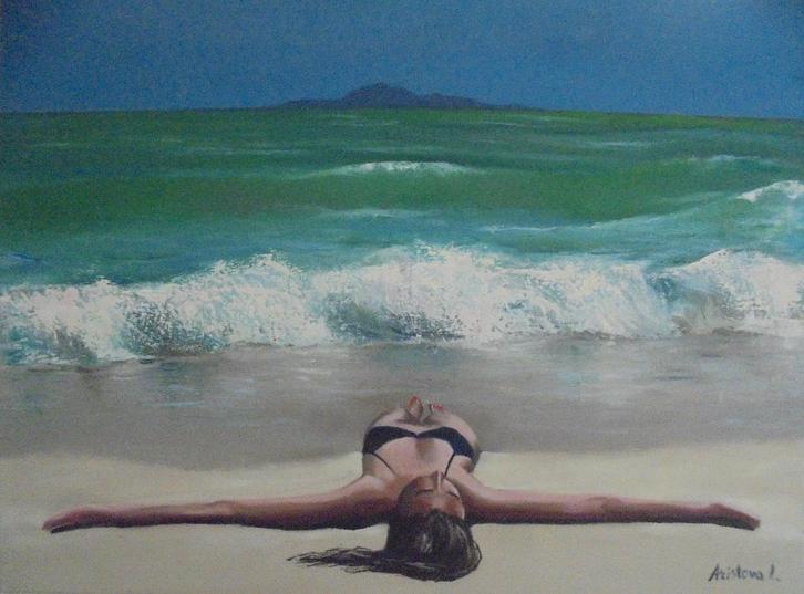 olieschilderij strand/zee (60x80cm), Antiek en Kunst, Kunst | Schilderijen | Klassiek, Ophalen of Verzenden