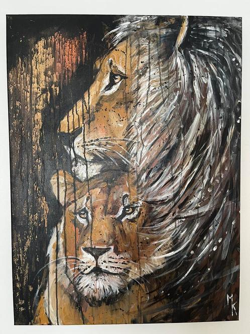 Origineel modern schilderij koppel leeuwen, Antiek en Kunst, Kunst | Schilderijen | Modern, Ophalen