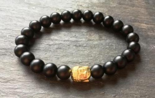 Armband van matte Onyx met Boeddha-kraal, Handtassen en Accessoires, Armbanden, Nieuw, Elastiek, Zwart, Ophalen of Verzenden