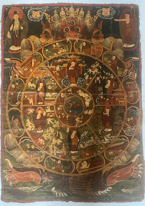 Antieke Tibetaanse Bhavachakra thangka, Antiek en Kunst, Kunst | Niet-Westerse kunst, Ophalen of Verzenden