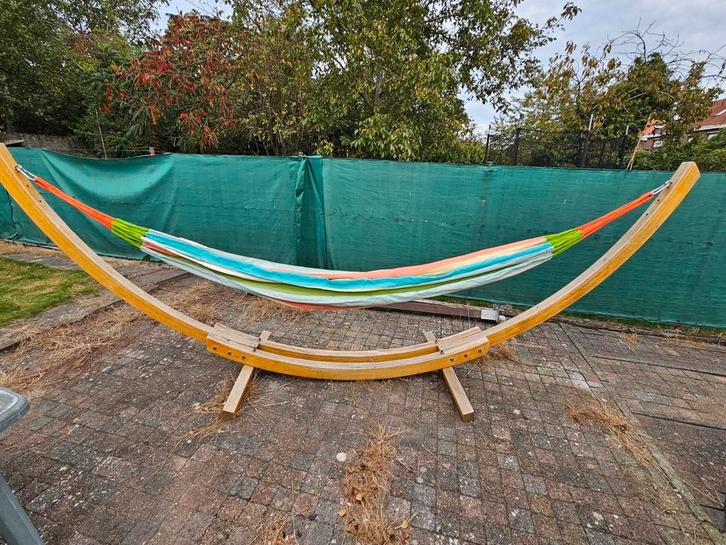 hangmat+ houten onderstel, Tuin en Terras, Hangmatten, Gebruikt, Met standaard, Binnen, Buiten, Ophalen