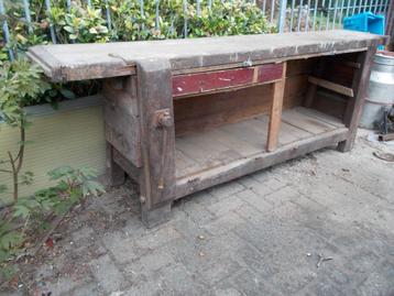ÉTABLI EN BOIS ROBUSTE AVEC PINCE, Enlèvement ou Envoi, Utilisé, 170 cm ou plus, Étau