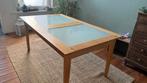 Grote 'Ernest Ménard' tafel in hout en gezandstraald glas, Ophalen, Gebruikt, 100 tot 150 cm, Glas
