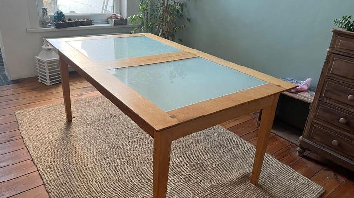 Grande table 'Ernest Ménard' en bois et verre sablé, Maison & Meubles, Tables | Tables à manger, Utilisé, 100 à 150 cm, 200 cm ou plus