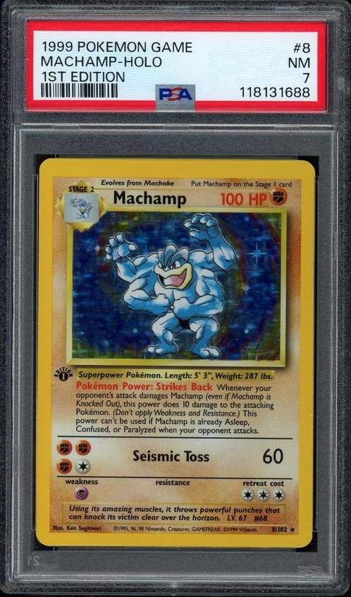 Machamp Holo 1st Edition PSA 7 - 8/102 - Base Set 1999, Hobby en Vrije tijd, Verzamelkaartspellen | Pokémon, Zo goed als nieuw