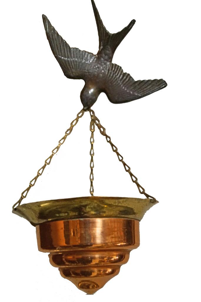 Vintage/antiek metale muurzwaluw met koperen zwevend potje, Antiek en Kunst, Antiek | Brons en Koper, Koper, Ophalen of Verzenden