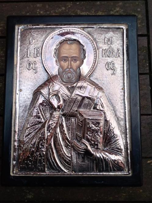 Icone Saint-Nicolas argent Grèce orthodoxe ancien 1962, Antiek en Kunst, Antiek | Religieuze voorwerpen, Ophalen of Verzenden