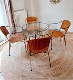 Ensemble table et 4 chaises en métal et rotin, Vier, Gebruikt, Zwart, Riet of Rotan