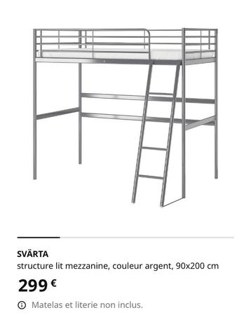 Lit mezzanine IKEA métallique (200 x 90 cm) gris anthracite 