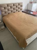 Bed met stof van 160x200 en leren kist, Huis en Inrichting, Slaapkamer | Bedden, Ophalen, Bruin, Tweepersoons, Zo goed als nieuw