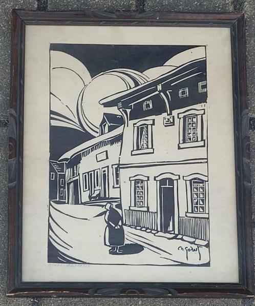 Lithographie bohan vieille maison signe ch godart, Antiek en Kunst, Kunst | Litho's en Zeefdrukken, Ophalen of Verzenden