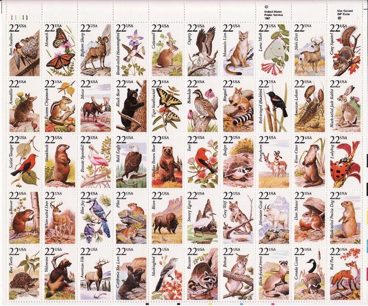 LA FAUNE AMÉRICAINE 1987 50 X 22 cents, Timbres & Monnaies, Timbres | Timbres thématiques, Non oblitéré, Animal et Nature, Enlèvement ou Envoi