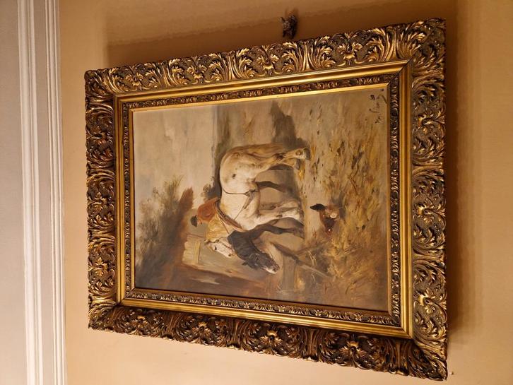 olie op doek" Henry Schouten:"paarden in stal met stalknecht, Antiek en Kunst, Kunst | Schilderijen | Klassiek, Ophalen