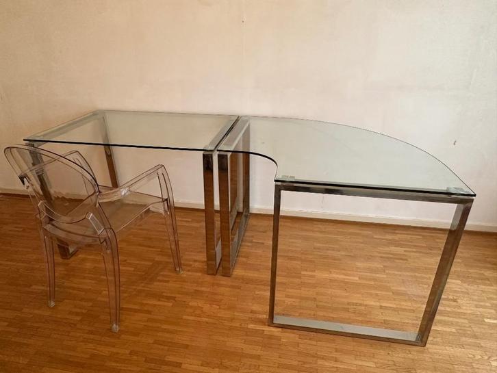 Bureau d'angle XONY en verre + Fauteuil IGLOO transparent, Maison & Meubles, Bureaux, Comme neuf, Bureau, Enlèvement