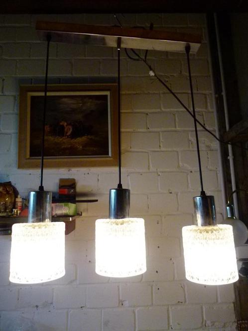 vintage plafondlamp Kaiser 3 lichtpunt Mid-Century, Huis en Inrichting, Lampen | Plafondlampen, Zo goed als nieuw, Glas, Metaal