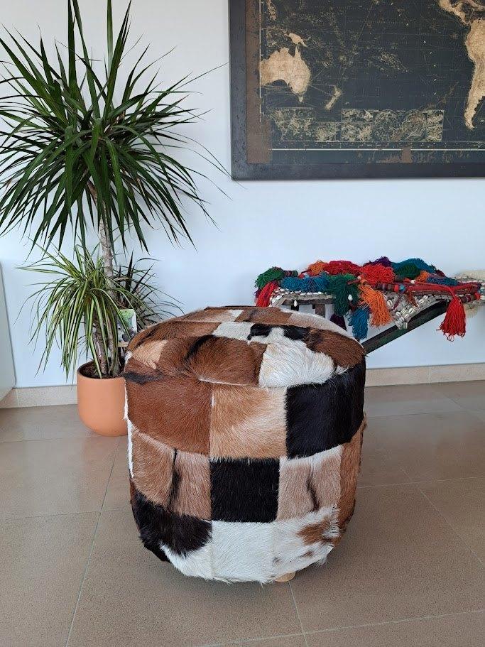 VidaXL Pouf rond en cuir véritable 50x50x45 cm, Maison & Meubles, Canapés | Repose-pieds & Poufs, Comme neuf, Rond, Cuir, Enlèvement