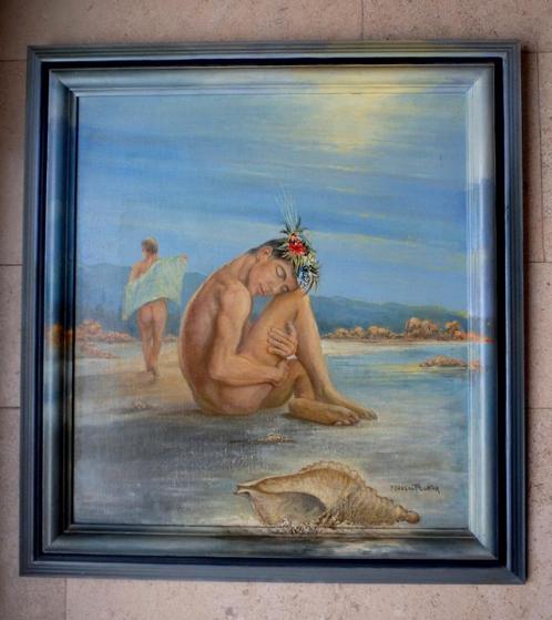 Symbolisme -2 hommes nus et coquille de nautile - Fr de Poor, Antiquités & Art, Art | Peinture | Classique, Enlèvement ou Envoi