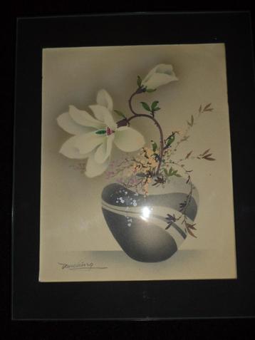 Peinture chinoise signée Danching Vase prunus lily flowers 