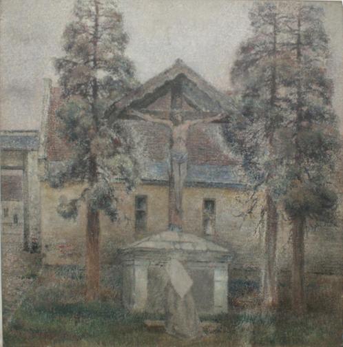 Pierre Van Humbeeck (1891-1964): Biddend bij het Kruis 65x66, Antiek en Kunst, Kunst | Schilderijen | Klassiek, Ophalen of Verzenden
