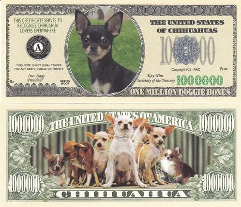 USA 1 Million Doggie Bones banknote 'Chihuahua' - NEW, Timbres & Monnaies, Billets de banque | Amérique, Billets en vrac, Amérique du Nord