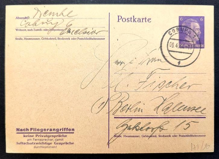 Duitse WO2 postkaart verstuurd op 9 april 1944, Verzamelen, Militaria | Tweede Wereldoorlog, Overige soorten, Overige typen, Ophalen of Verzenden