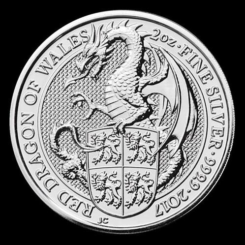 2017 - £5 - 2 Oz Silver - Queen's Beasts Red Dragon of Wales, Postzegels en Munten, Edelmetalen en Baren, Zilver, Verzenden
