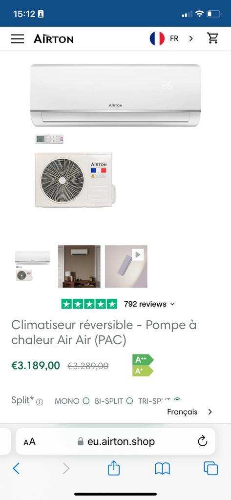 Climatiseur réversible - Pompe à chaleur Air Air (PAC), Electroménager, Climatiseurs, Comme neuf, Climatisation murale, 100 m³ ou plus grand