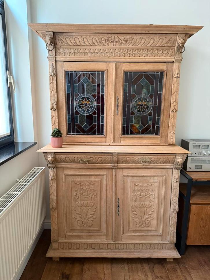 Authentieke eiken kast met glas in lood, gezandstraald, Antiquités & Art, Antiquités | Meubles | Chaises & Canapés, Enlèvement