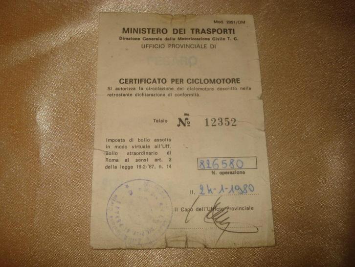 Ancien Certificat de Conformité Cyclomoteur Benelli 1980, Motoren, Handleidingen en Instructieboekjes, Overige merken, Ophalen of Verzenden