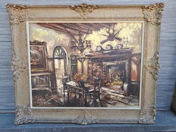 Huile sur toile interieur de maison signe Émile lammers, Antiek en Kunst, Ophalen