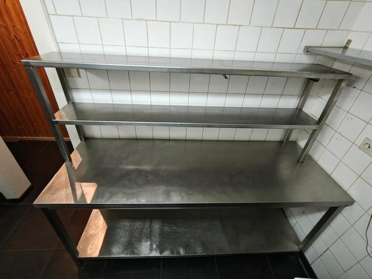 RVS werktafel met schappen, Zakelijke goederen, Horeca | Keukenapparatuur, Inox Meubilair, Gebruikt, Ophalen